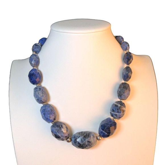 Large Bead Nugget Faceted Sodalite Necklace Sterling Clasp Denim 18.5